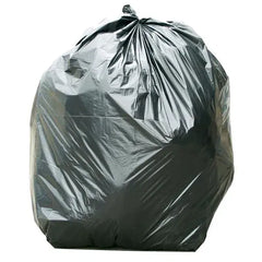 A large black plastic trash bag, filled with dark material and tied at the top, shown against a plain white background.