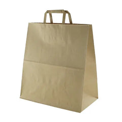 A plain brown kraft paper shopping bag with two top flat handles, shown on a clean white background