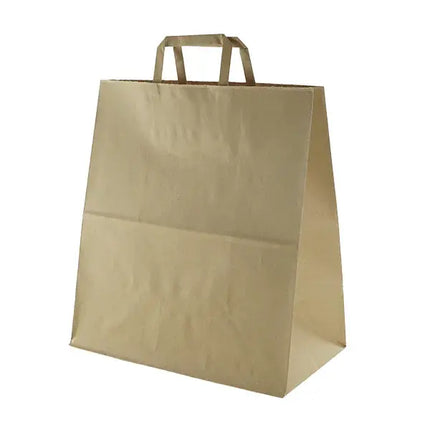 A plain brown kraft paper shopping bag with two top flat handles, shown on a clean white background
