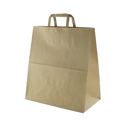 A plain brown kraft paper shopping bag with two top flat handles, shown on a clean white background