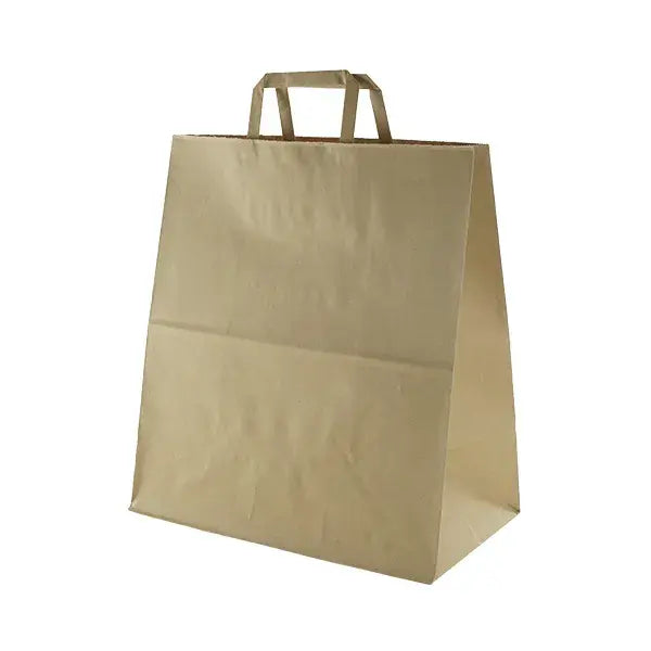 A plain brown kraft paper shopping bag with two top flat handles, shown on a clean white background