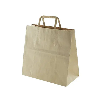 A plain brown kraft paper shopping bag with two top flat handles, shown on a clean white background