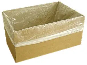 A brown cardboard box lined with a translucent clear plastic bag, shown on a plain white background.