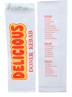 Two white paper take-out bags for Doner Kebab, shown side by side front and back. The left bag features the front of the bag with a large, bold yellow and red 'Delicious' logo, while the right bag features the back lists menu options in red text including Kebab, Salad, and Sauce with checkboxes.