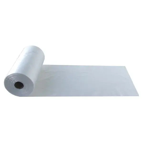 A roll of white plastic sheeting partially unrolled on a plain white background.