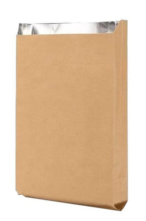 A plain brown foil lined paper bag shown on a solid white background.