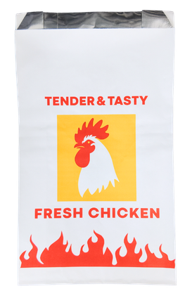 A plain white foil lined paper bag featuring a yellow square with a white rooster illustration, red text reading 'TENDER & TASTY' and 'FRESH CHICKEN', and red flame graphics along the bottom.